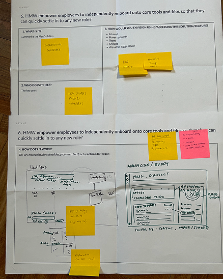 Two idea canvases from an ideation workshop, covered in sticky notes and hand-drawn interface sketches.
