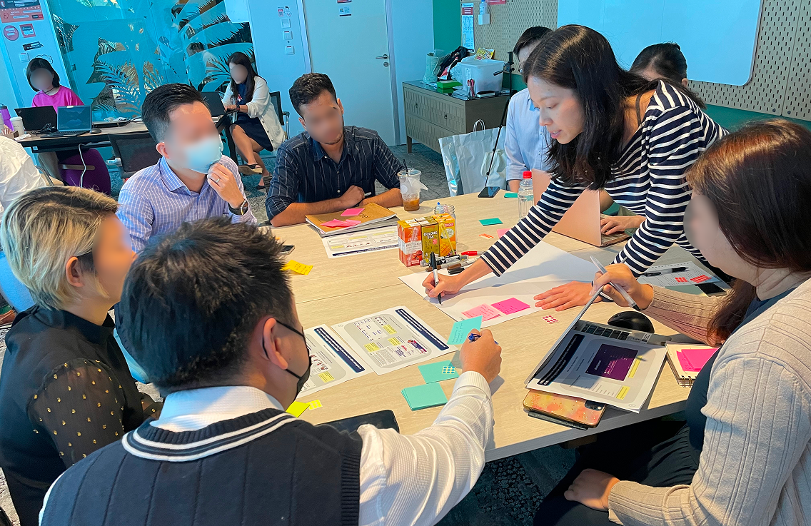 Colleagues gathered around a table covered in sticky notes and printouts during a workshop.