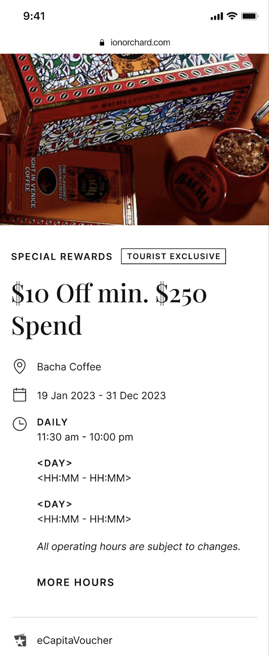 The mobile deals detail page, showing a $10 off tourist-exclusive reward.