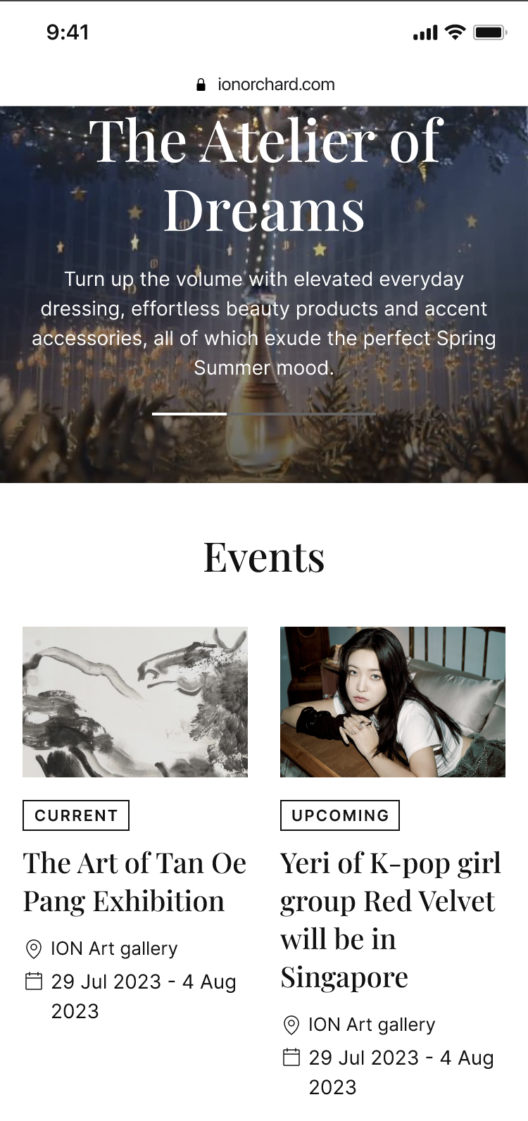 The mobile events listing page, with current and upcoming events at the mall.