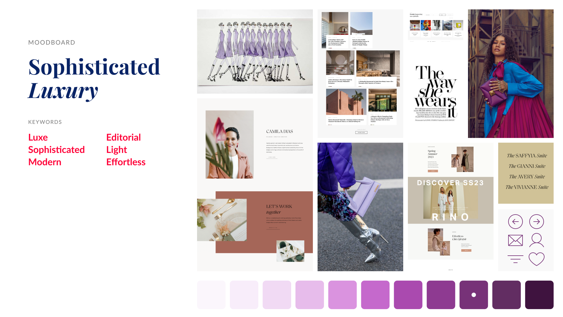 A mood board titled ‘Sophisticated Luxury’, with keywords and a collage of fashion imagery and luxury website layouts.