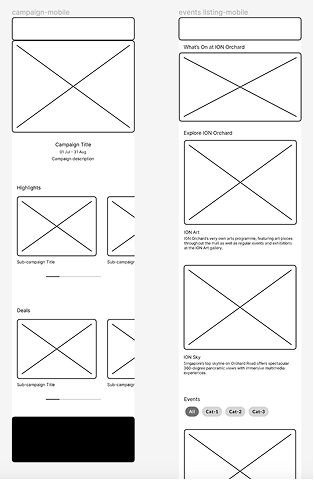 Mobile wireframes for a campaign page and an events listing page.