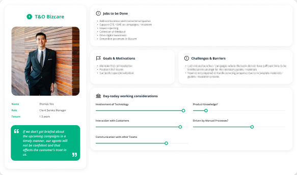 User persona card for a T&O Bizcare client service manager.