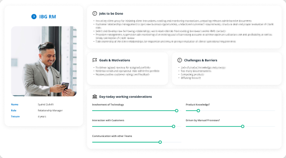 User persona card for an IBG relationship manager, with jobs to be done, goals, challenges and working considerations.