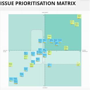 An issue prioritisation matrix, with pain points plotted by impact and frequency.