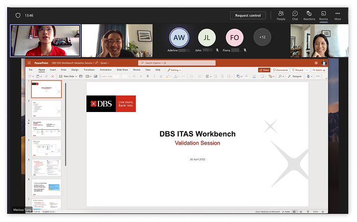 A remote validation workshop on Microsoft Teams, with participants on video and the session slides shared.